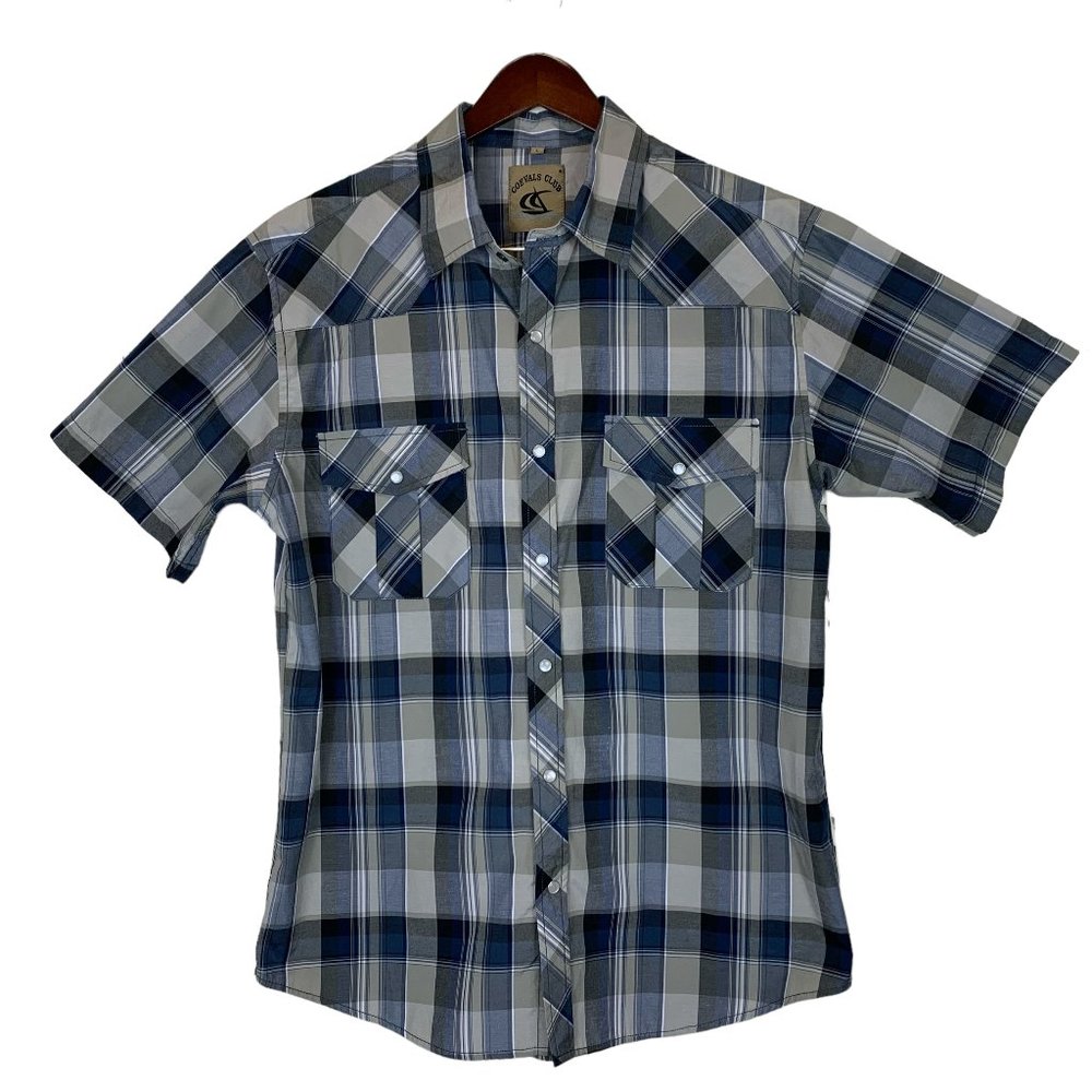 Mens Western Pearl Snap Shirt L Blue Gray Plaid Cowboy Short Sleeve Pockets